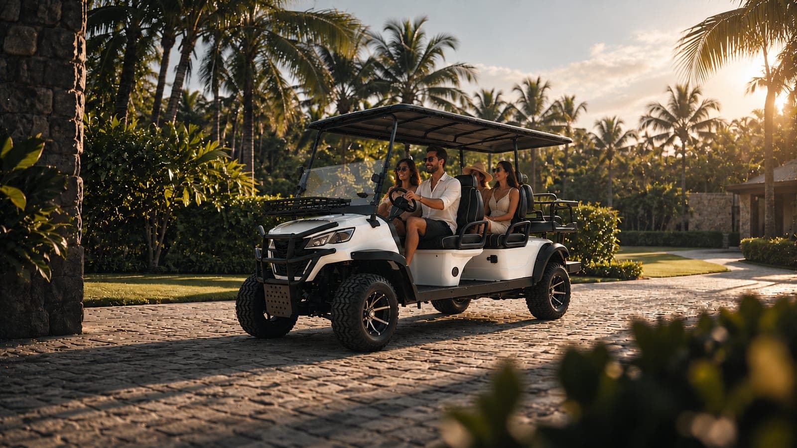 Golf car elétrico GCB de seis lugares levando um grupo em passeio de resort